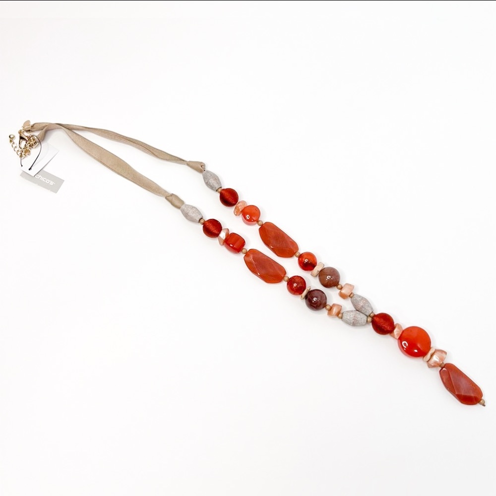 NWT Chico's Long Statement Stone Necklace ~ Beautiful Neutral ~ Gold Chain